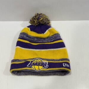 New Era Los Angeles Lakers Beanie Knit Hat Pom Cuffed Purple Gold One Size